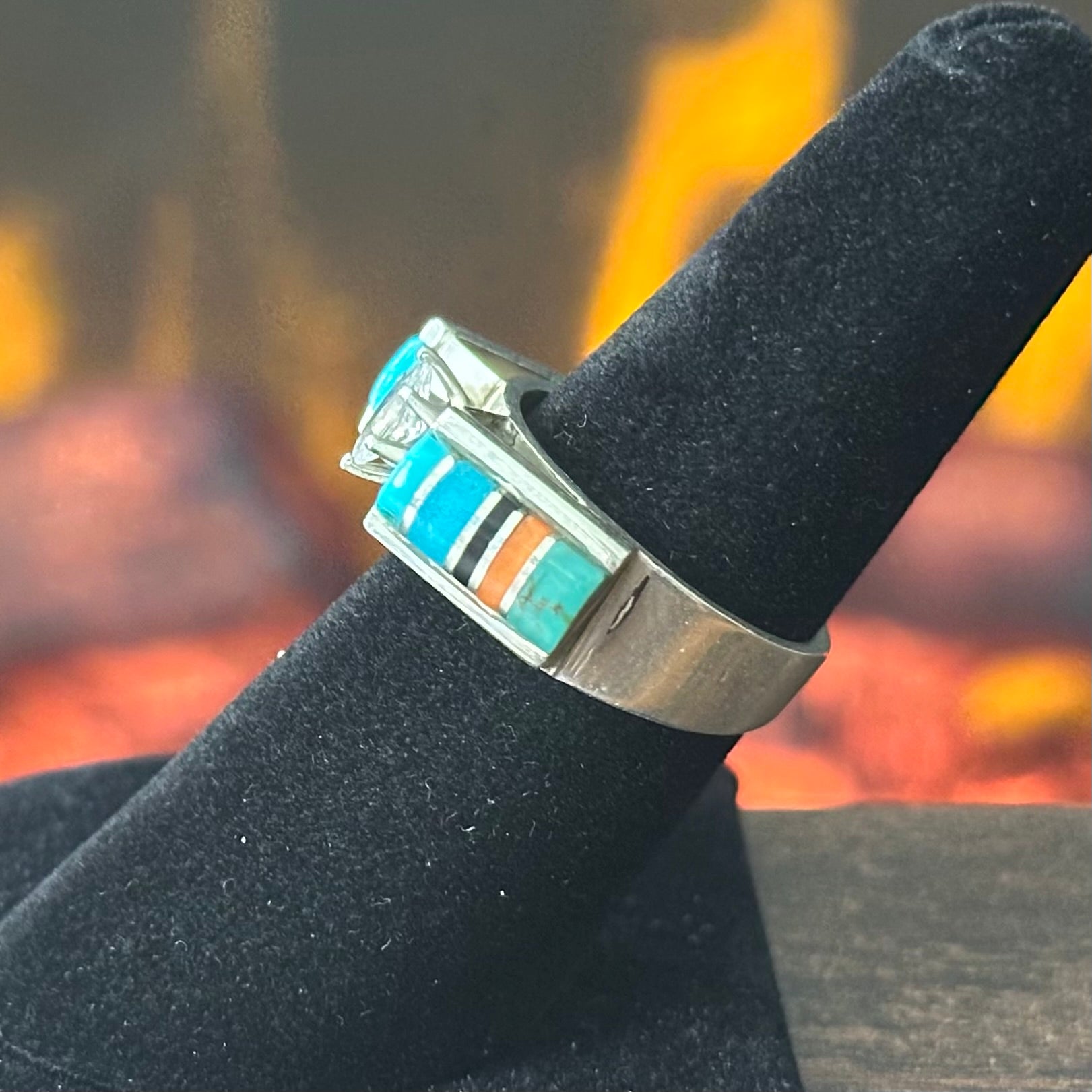 Pictogram Signed Turquoise Spiny Oyster Onyx Sterling Inlay Ring
