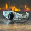 Navajo Susan Yazzie Onyx Sterling Twist Wire Bezel Ornate Leaf Cuff