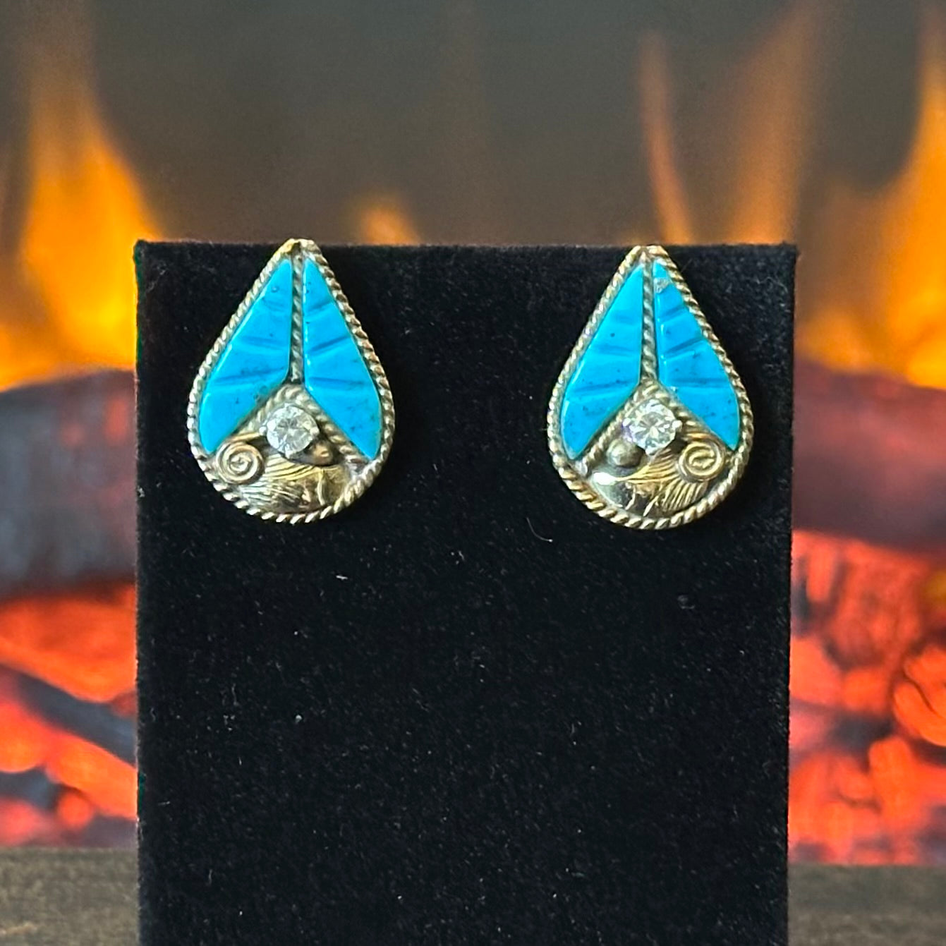 Silver Ray Turquoise Gold Over Sterling Ornate Inlay Necklace Earrings Set