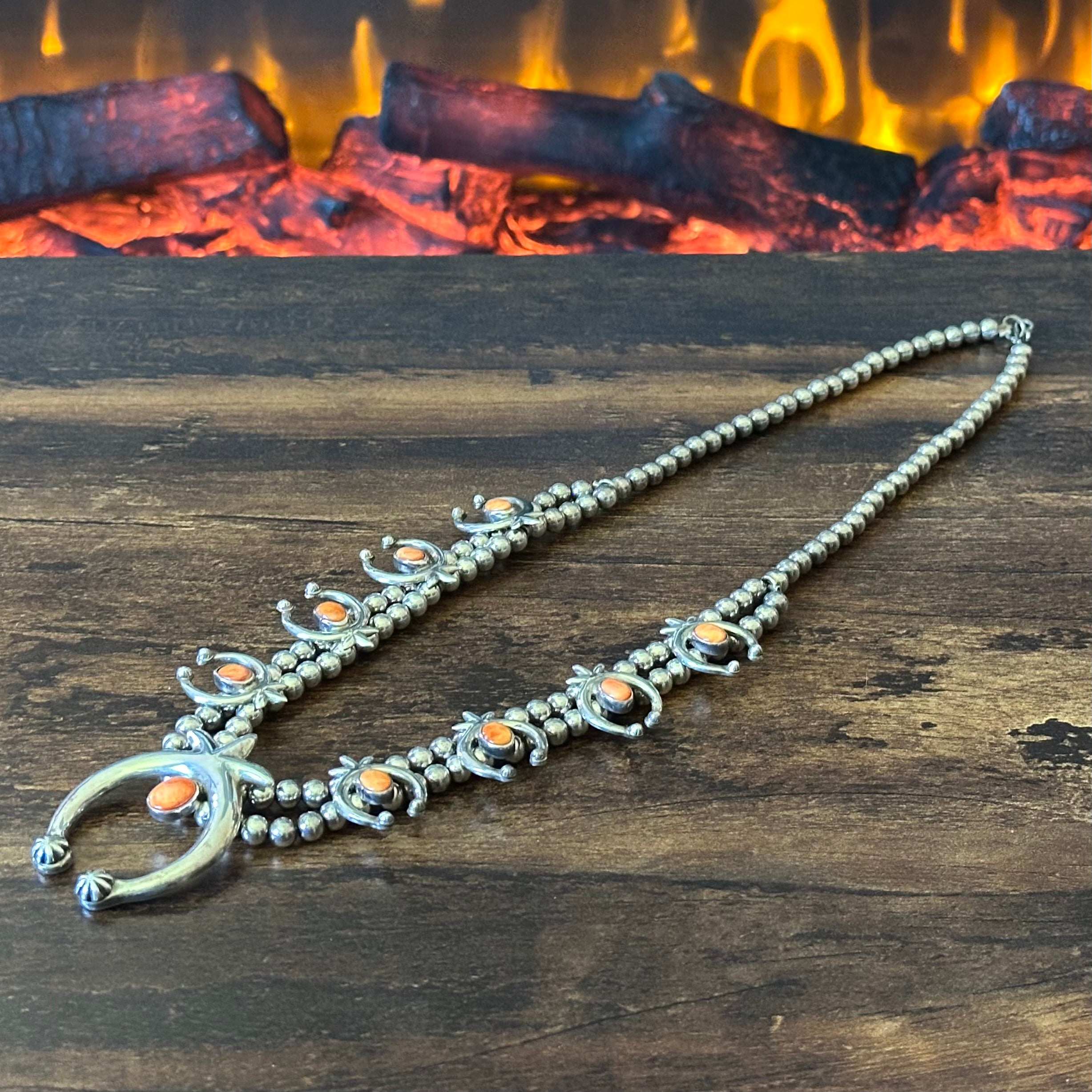 Navajo Steve Francisco Orange Spiny Oyster 9 Stone Sterling Naja Necklace