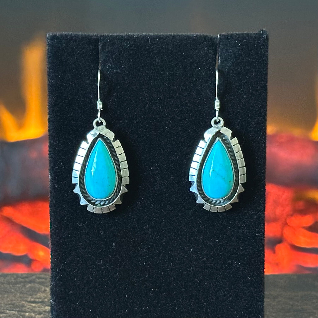 Navajo Amos Begay Turquoise Sterling Shadowbox Teardrop Dangle Earrings