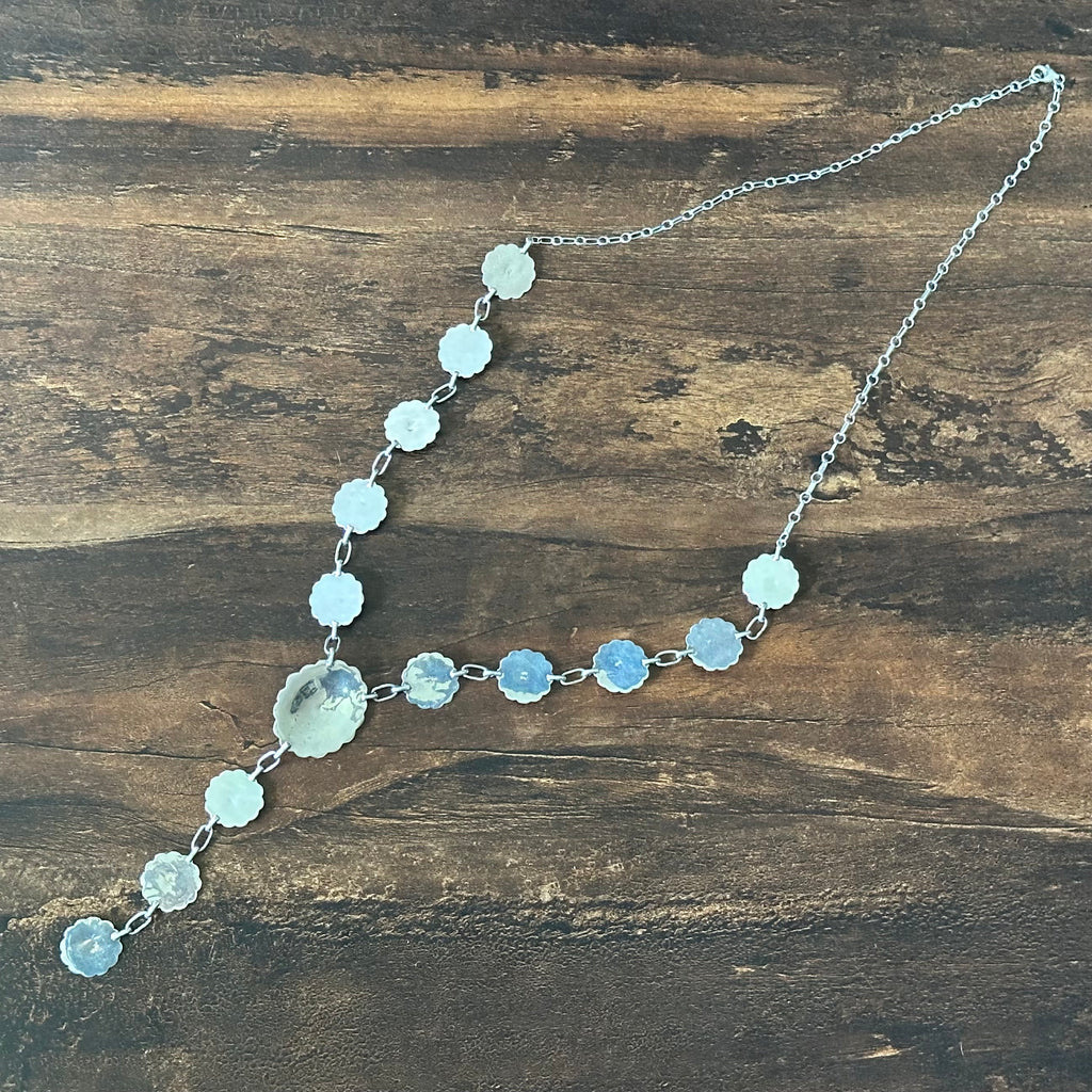 Running Bear Trading Turquoise 13 Stone Sterling Hand Stamped Concho Lariat Necklace