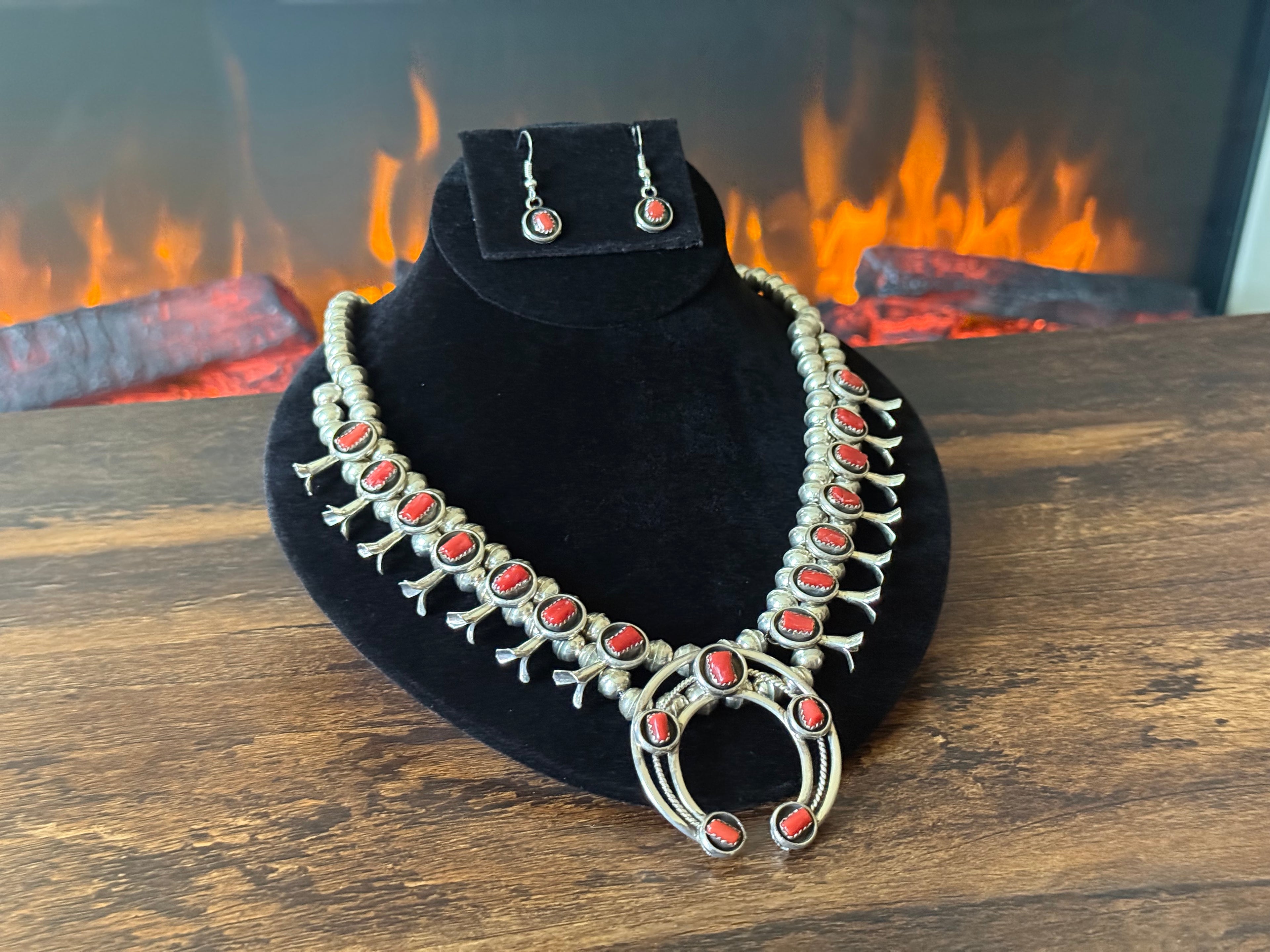 Navajo Phil & Lenora Garcia Red Coral 19 Stone Sterling Squash Blossom Necklace Earrings Set