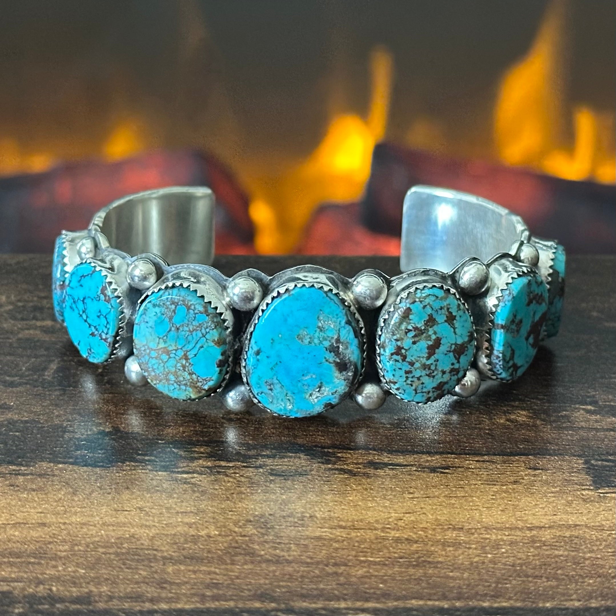 Navajo Wilbert Musket Sr. Turquoise 7 Stone Sterling Raindrop Statement Cuff