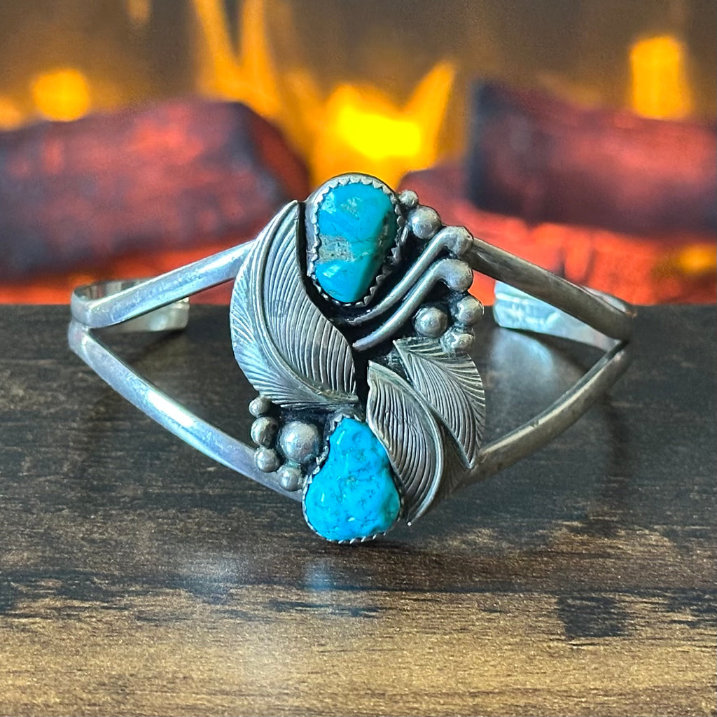 LA Signed Turquoise Sterling Raindrop Leaf Statement Cuff