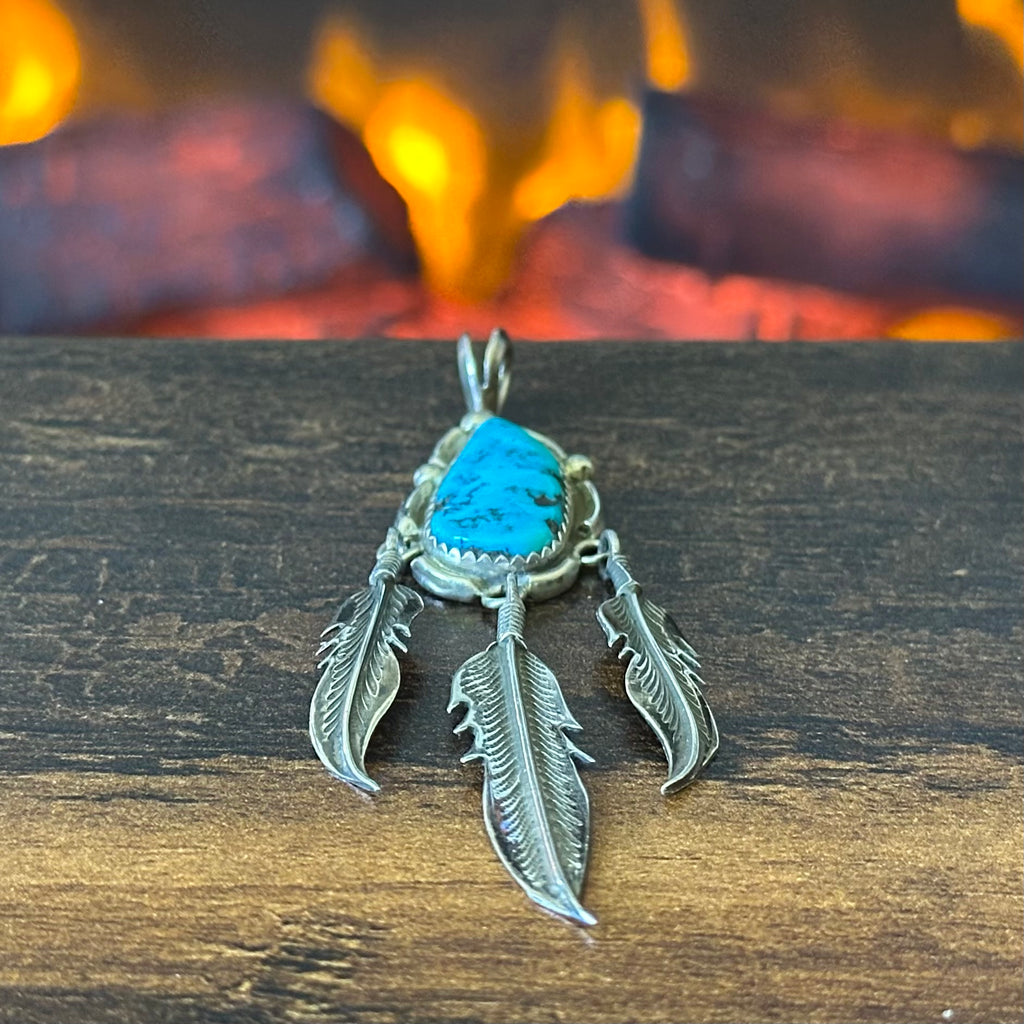 Turquoise Sterling Triple Feather Pendant