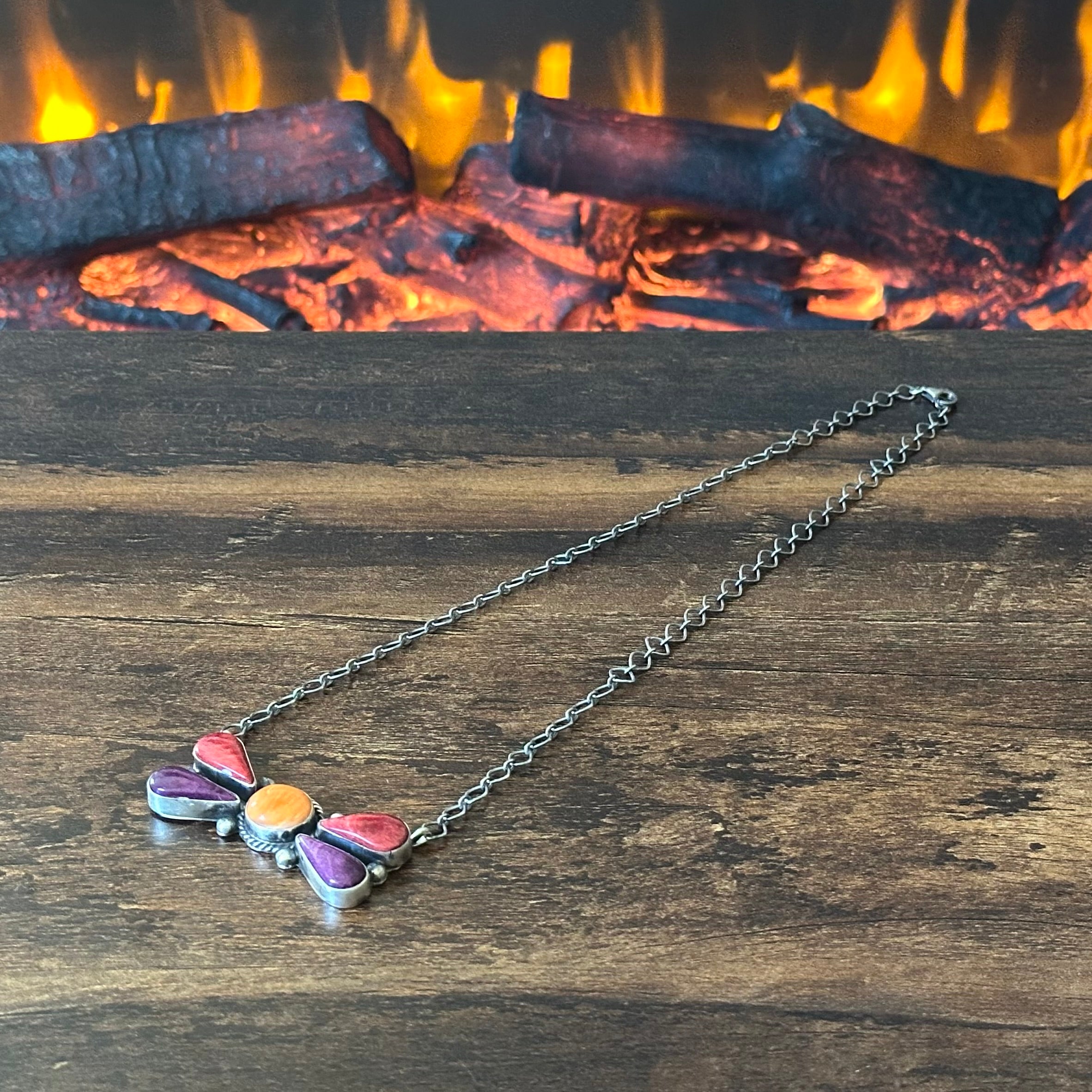 Navajo Hiram Largo Spiny Oyster 5 Stone Sterling Twist Wire Bezel Raindrop Pendant Necklace