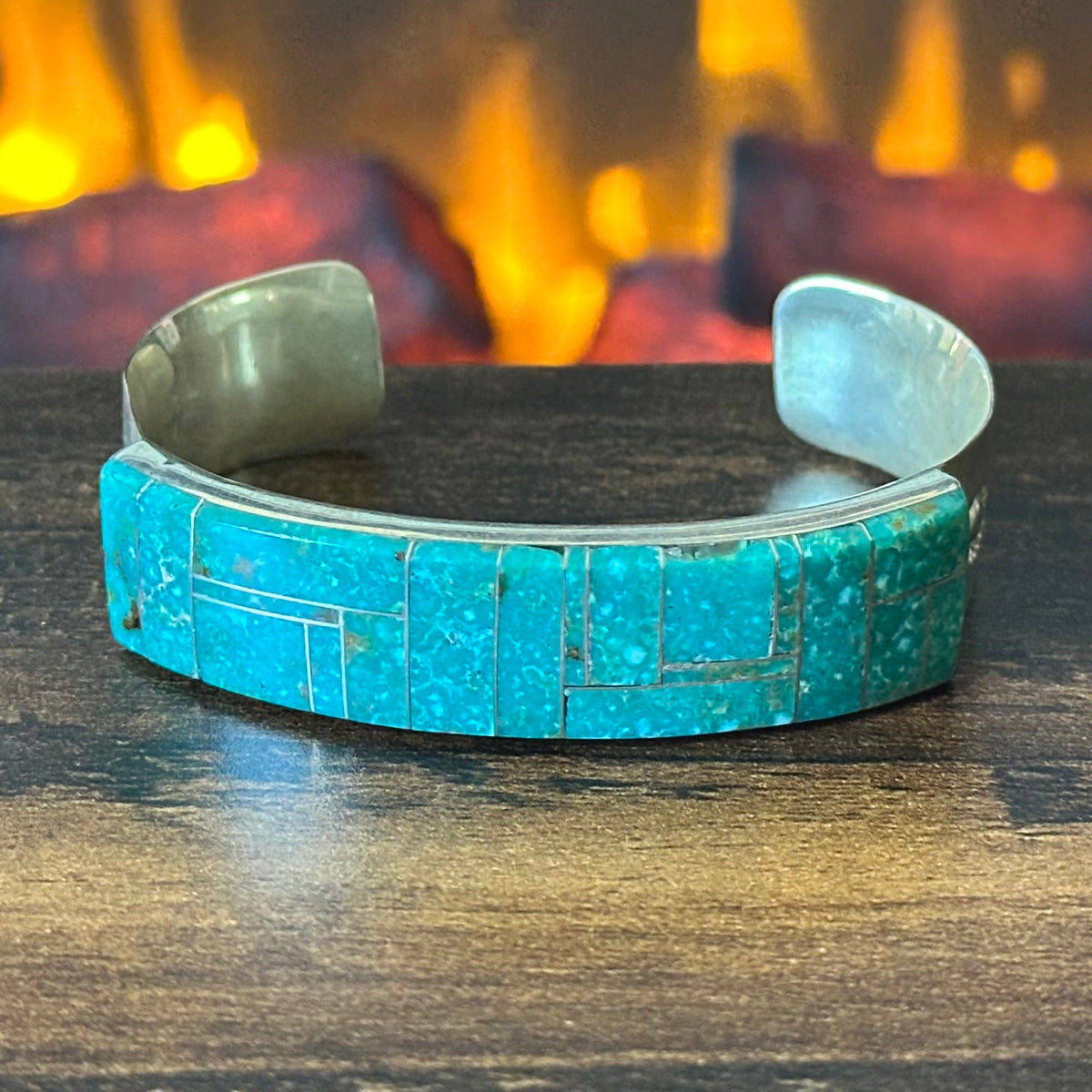 Navajo Patrick & Laura Lincoln Turquoise Sterling Hand Stamped Inlay Cuff