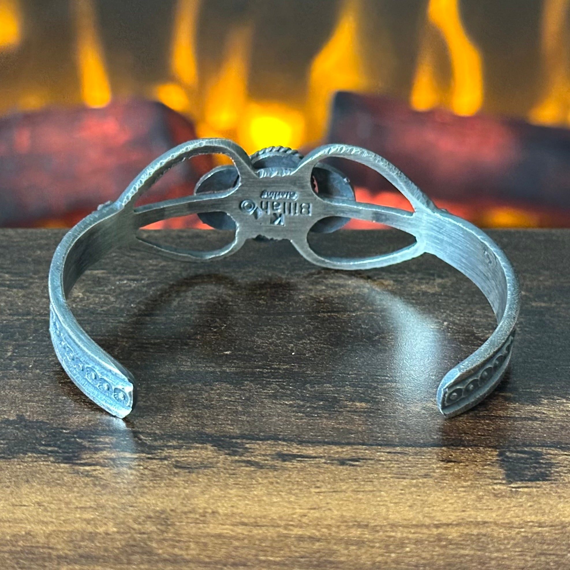 Navajo Kevin Billah Golden Hills Turquoise Hand Stamped Sterling Oxidized Cuff