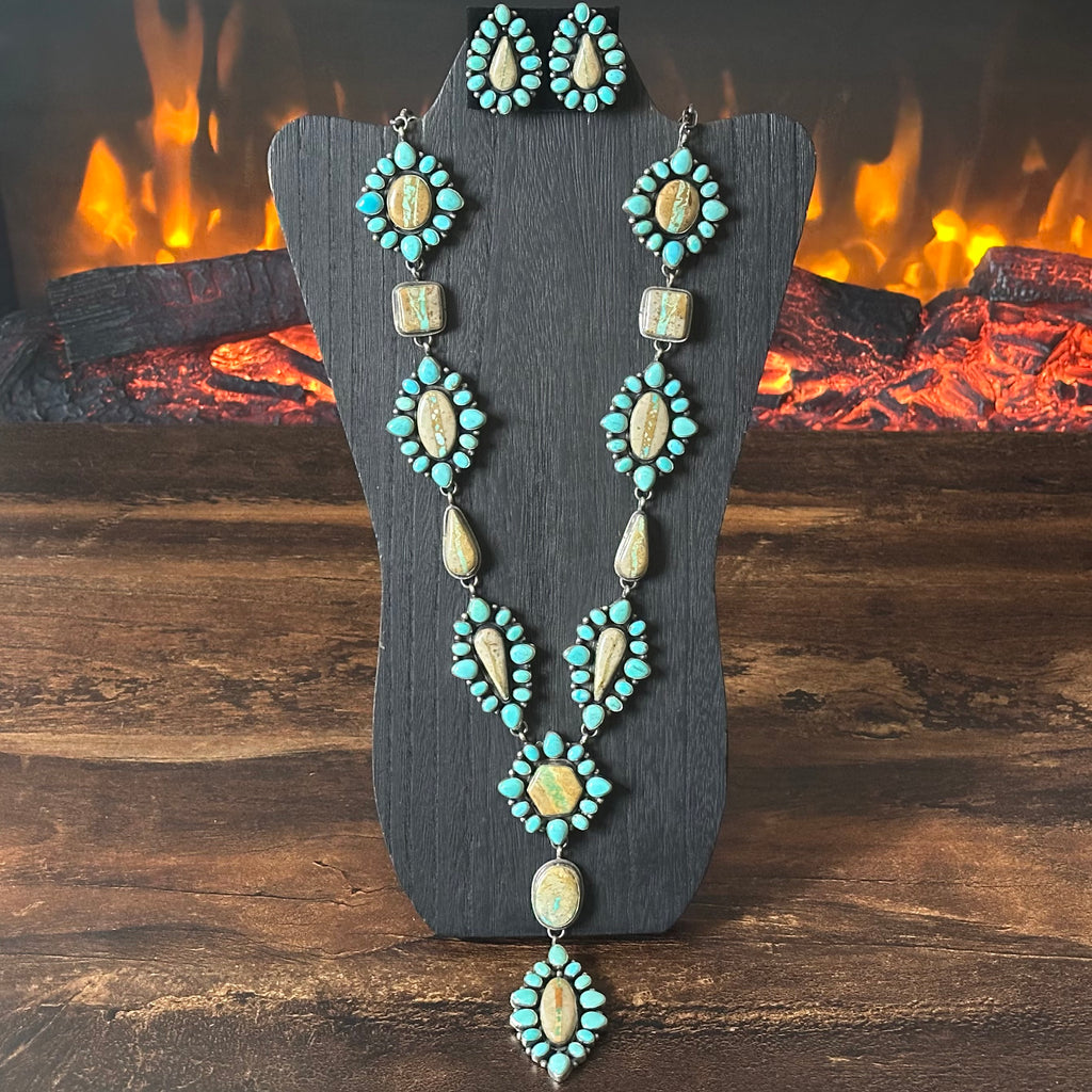 Navajo Sheila Tso Royston Ribbon Turquoise 133 Stone Cluster Lariat Necklace Earrings Set