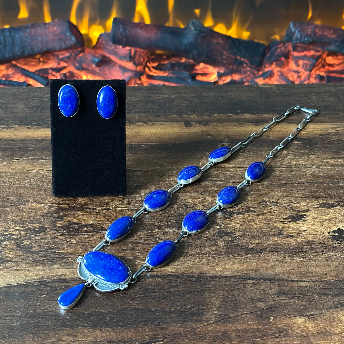 Navajo Ross Steven Lapis 10 Stone Sterling Teardrop Statement Necklace Earrings Set