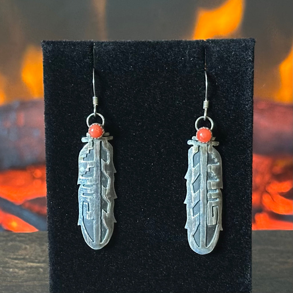 S. Tom Signed Red Coral Sterling Overlay Feather Dangle Earrings