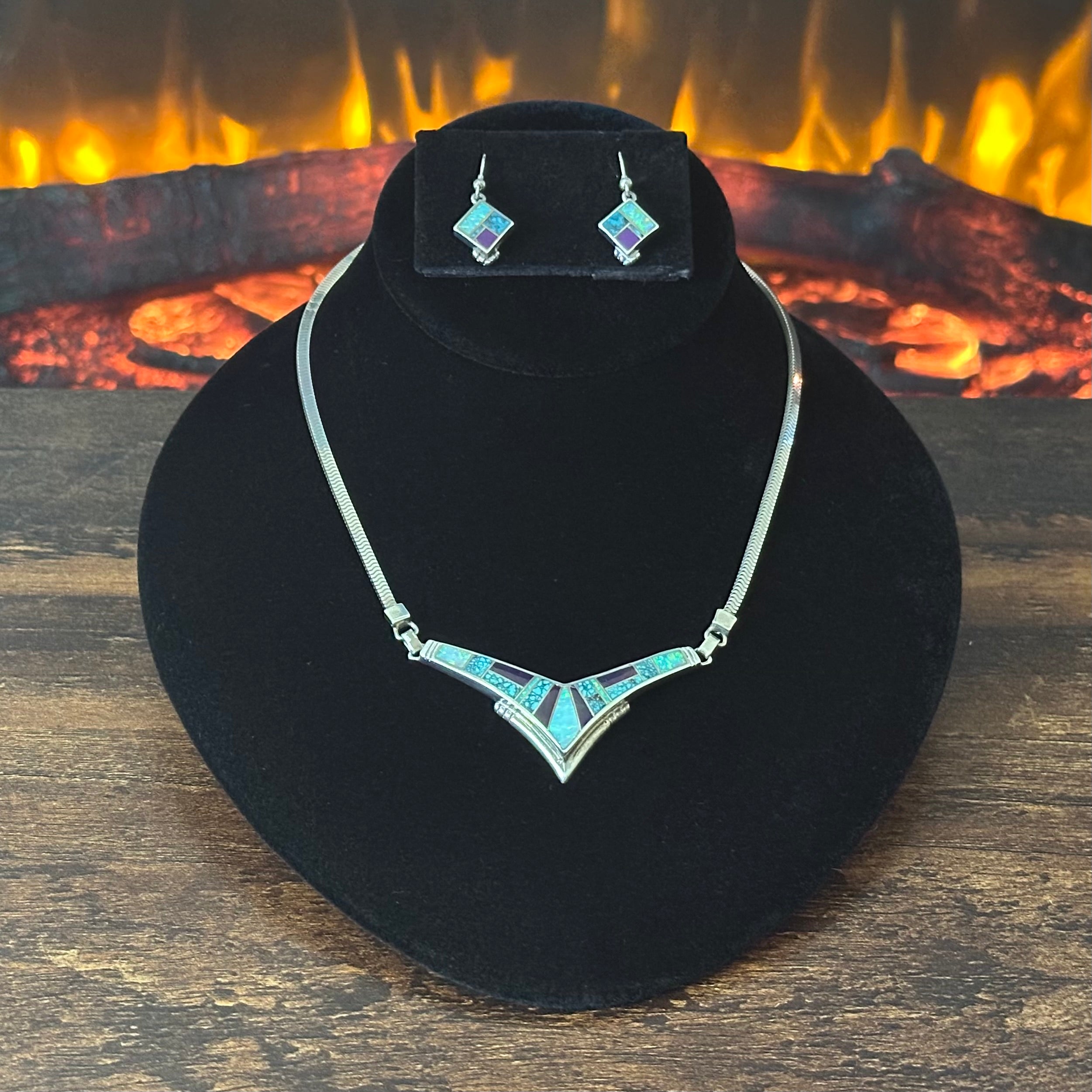 H Signed Supersmith Inc. Turquoise Sugilite Opal Sterling Inlay Chevron Necklace Earrings Set