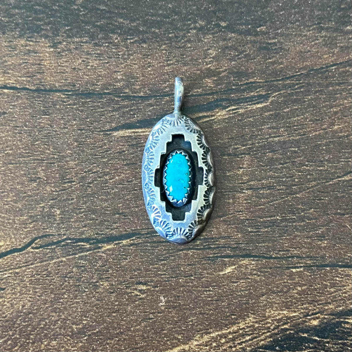 R.P. Signed Turquoise Sterling Hand Stamped Shadowbox Oval Pendant