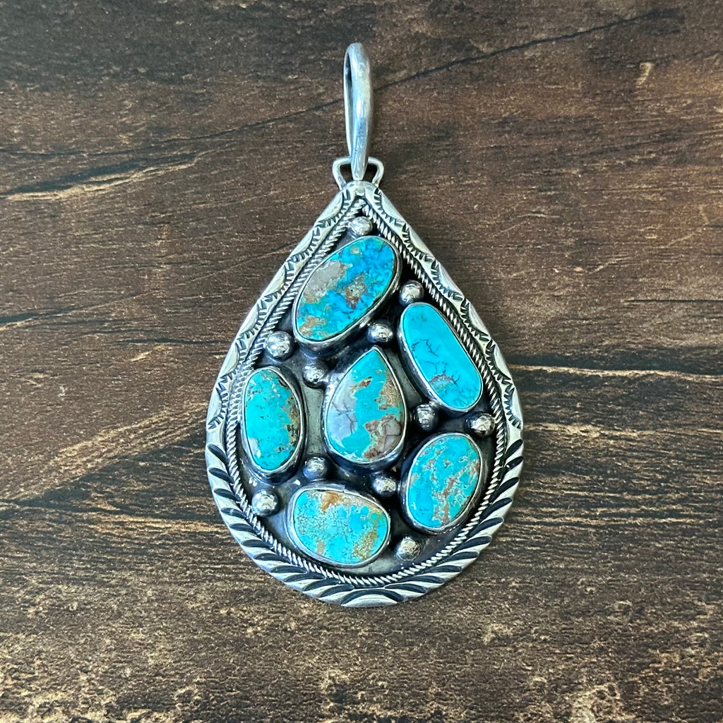 Navajo Bobby Johnson Royston Turquoise 6 Stone Sterling Hand Stamped Raindrop Cluster Pendant