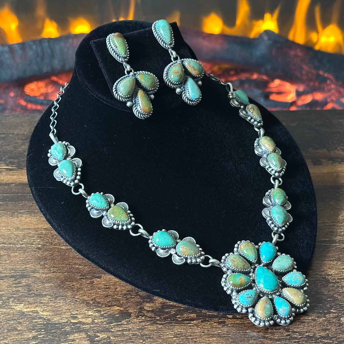 Navajo Pansy Johnson Royston Turquoise 23 Stone Sterling Hand Stamped Cluster Statement Necklace Earrings Set