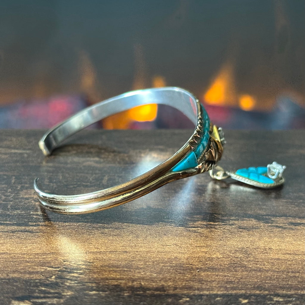 Silver Ray Turquoise Gold Over Sterling Ornate Inlay Cuff