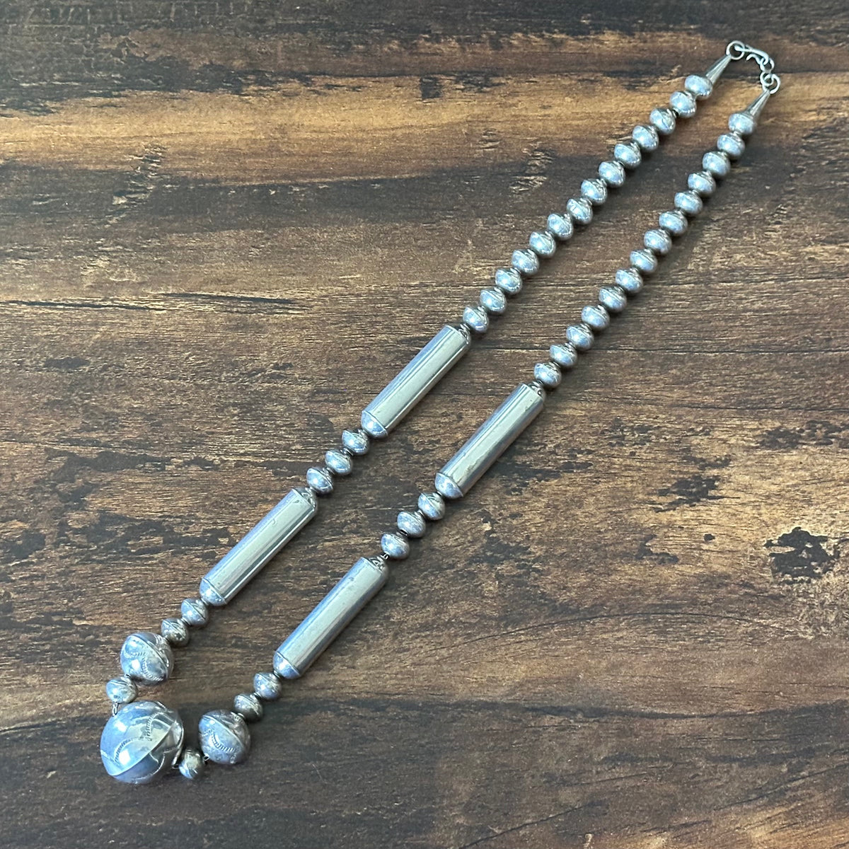 Sterling Handmade Graduated Hand Stamped Cylinder Bead Necklace