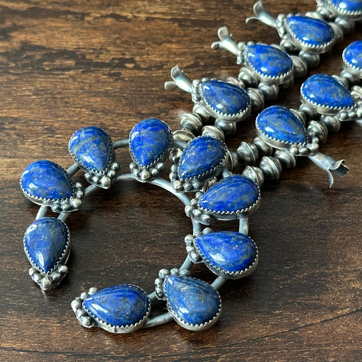 Navajo Phil & Lenora Garcia Lapis 23 Stone Sterling Raindrop Squash Blossom Earrings Set