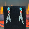 Turquoise Red Coral Sterling Raindrop Feather Dangle Earrings