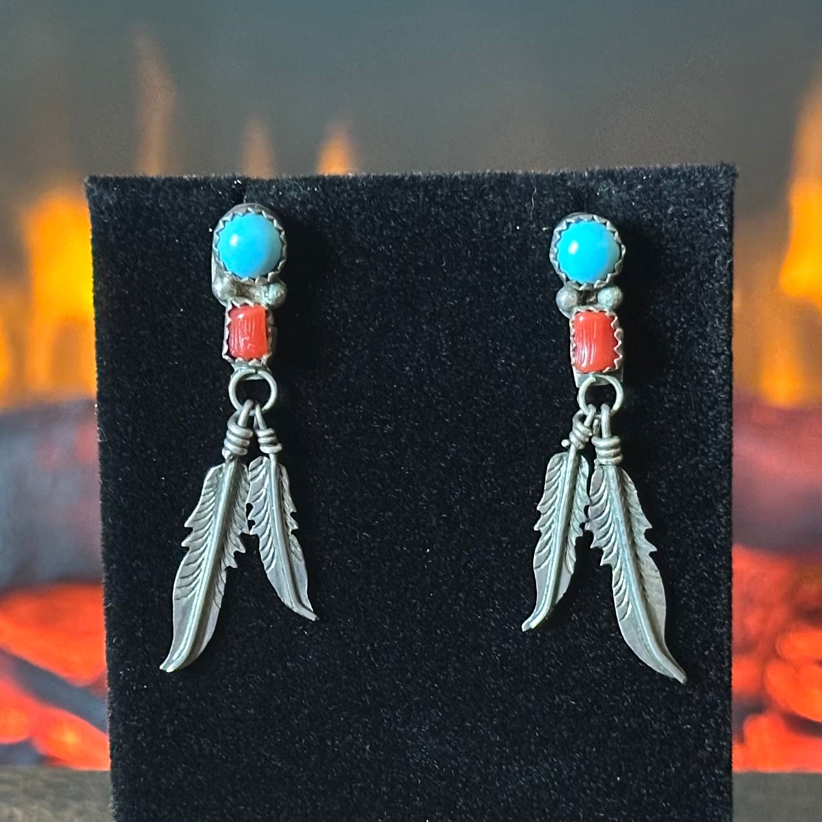 Turquoise Red Coral Sterling Raindrop Feather Dangle Earrings