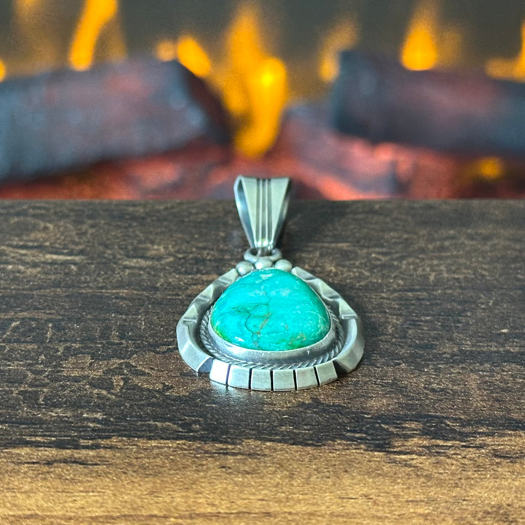 Navajo Samuel Yellowhair Green Turquoise Sterling Twist Wire Bezel Raindrop Pendant