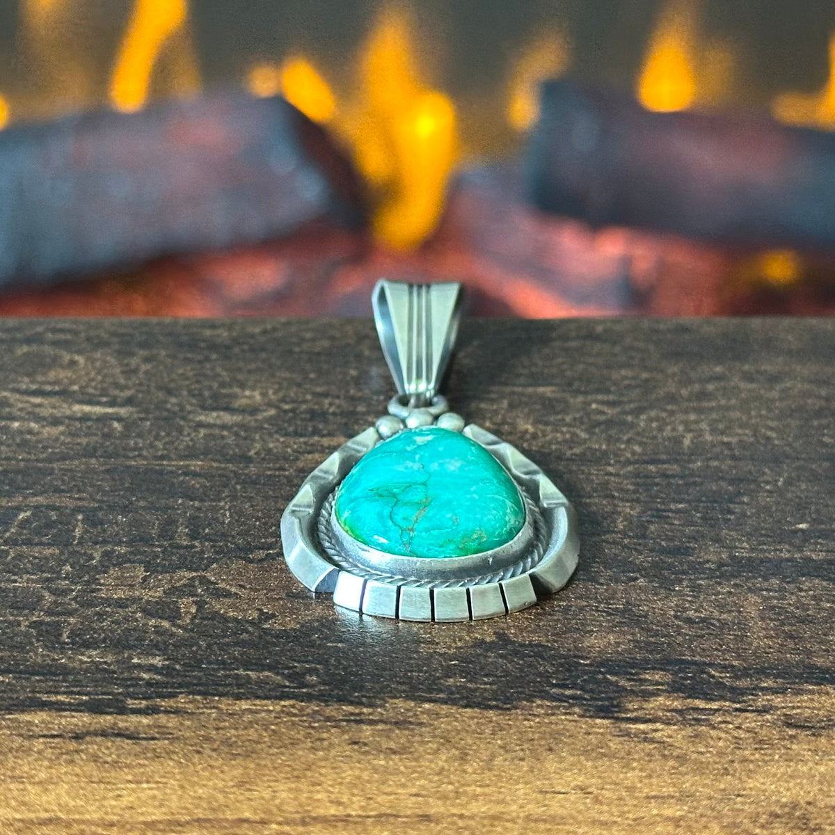 Navajo Samuel Yellowhair Green Turquoise Sterling Twist Wire Bezel Raindrop Pendant