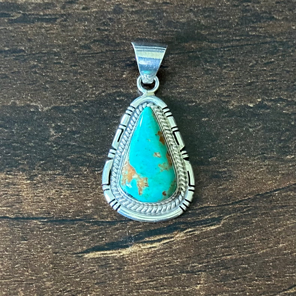 HJ Signed Turquoise Sterling Twist Wire Bezel Teardrop Pendant