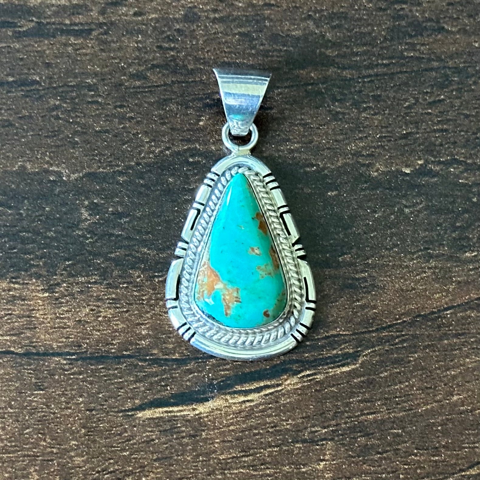 HJ Signed Turquoise Sterling Twist Wire Bezel Teardrop Pendant
