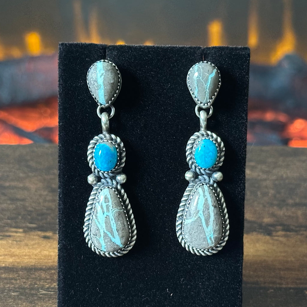 Navajo Pansy Johnson Carico Lake Ribbon & Persian Turquoise 74 Stone Sterling Cluster Statement Necklace Earrings Set