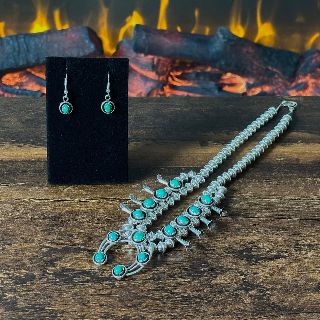 Navajo Phil & Lenora Garcia Sonoran Gold Turquoise 13 Stone Sterling Squash Blossom Necklace Earrings Set