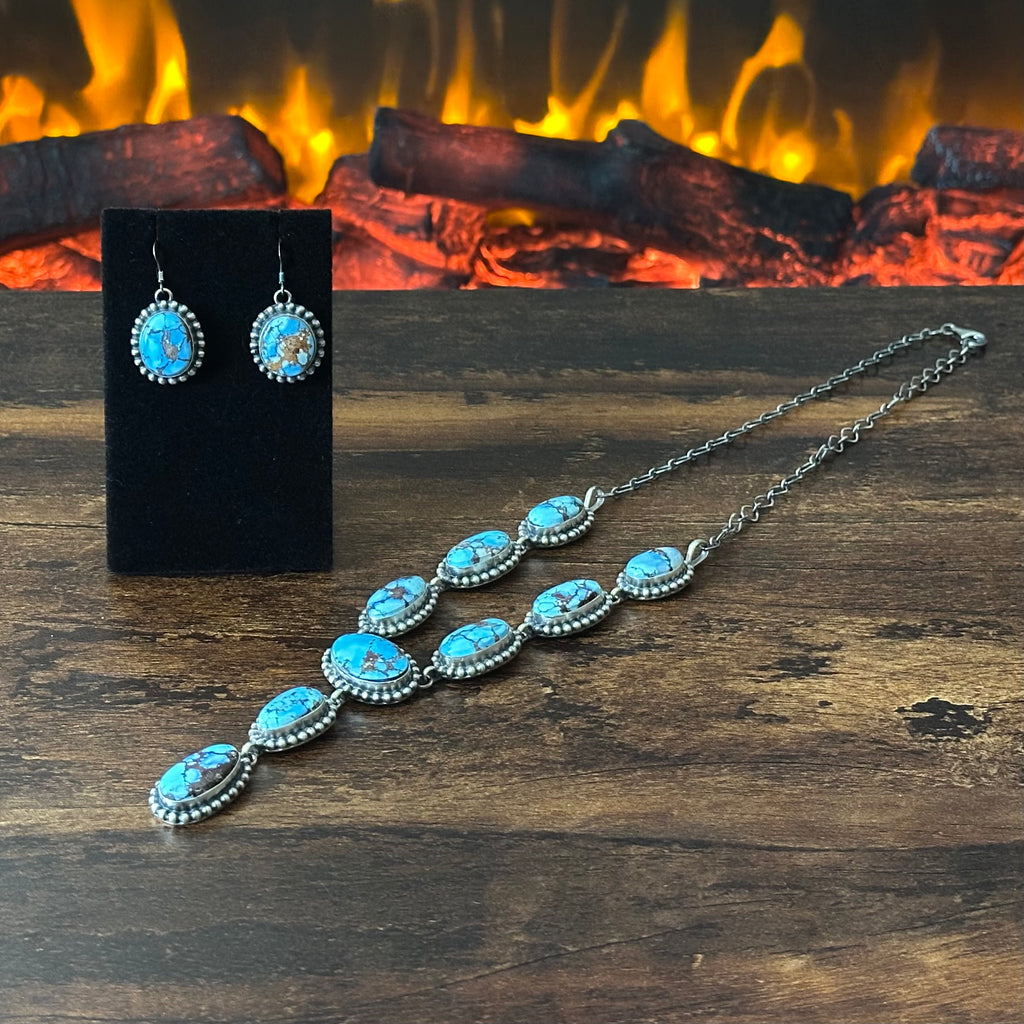 Navajo Mary Ann Spencer Golden Hills Turquoise 9 Stone Sterling Lariat Necklace Earrings Set