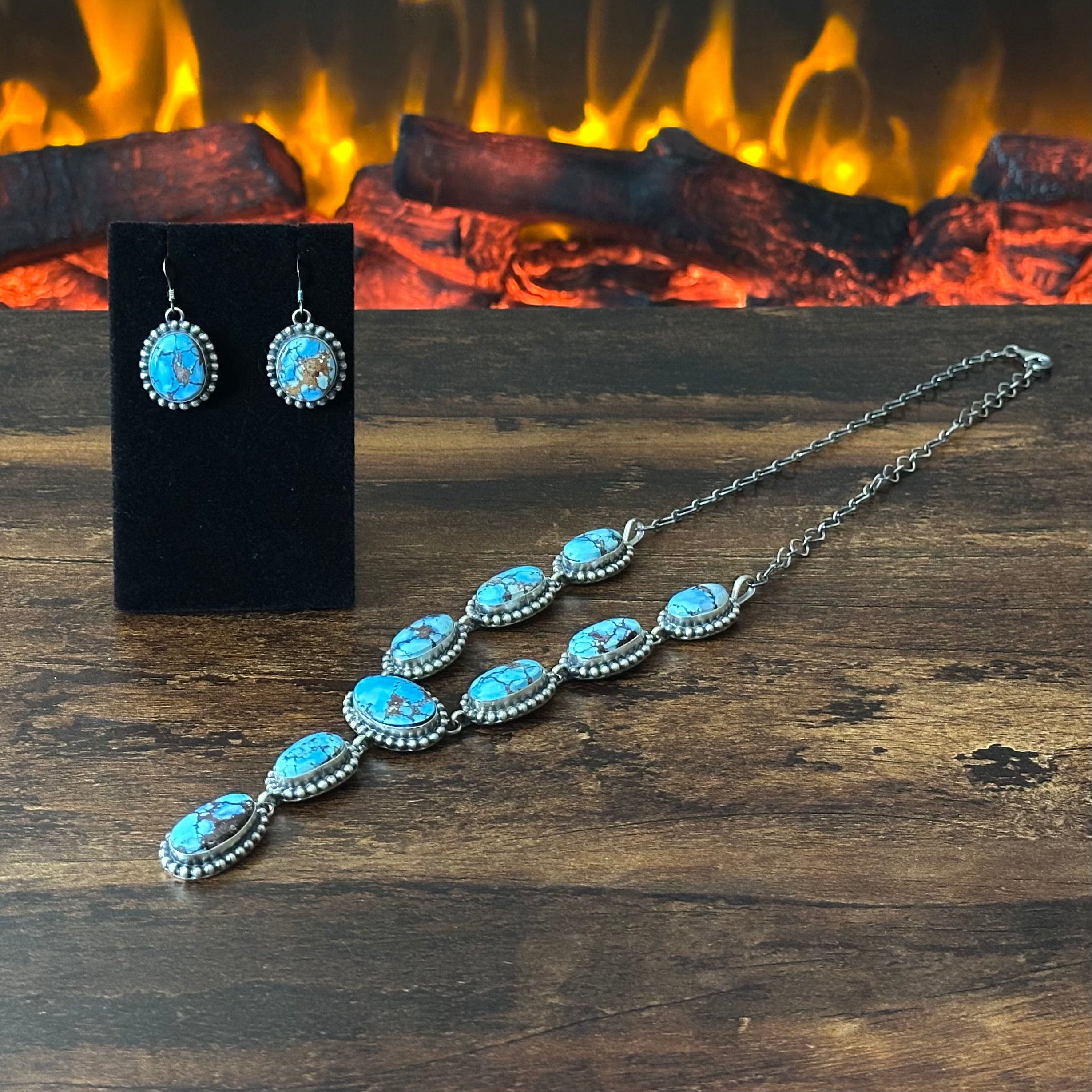 Navajo Mary Ann Spencer Golden Hills Turquoise 9 Stone Sterling Lariat Necklace Earrings Set