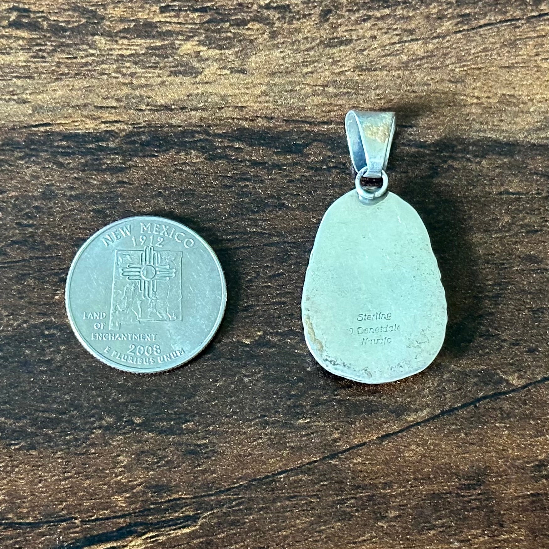 Navajo Will Denetdale Turquoise Sterling Hand Stamped Twist Wire Bezel Teardrop Pendant
