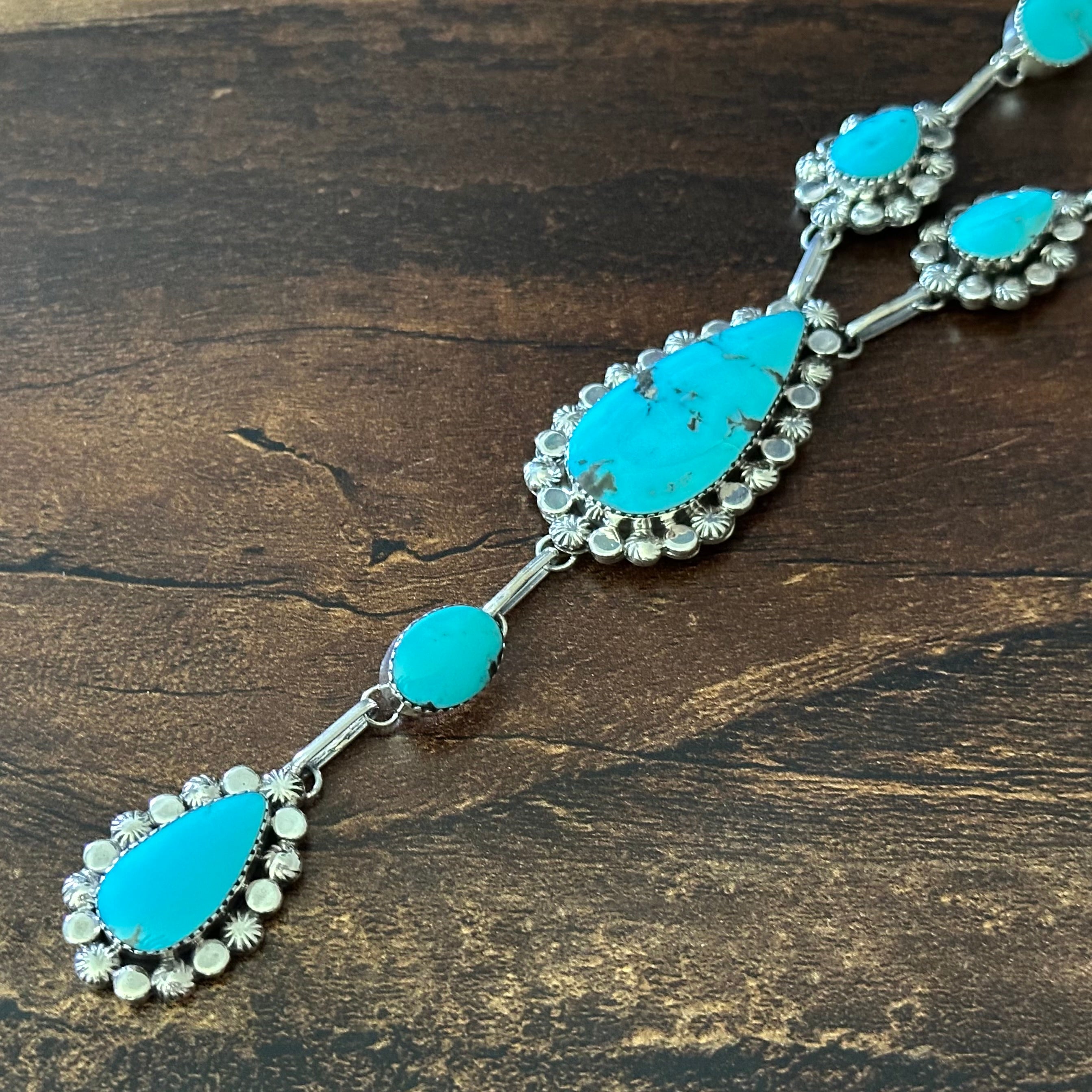 Navajo P.A. Smith Turquoise 13 Stone Sterling Lariat Statement Necklace
