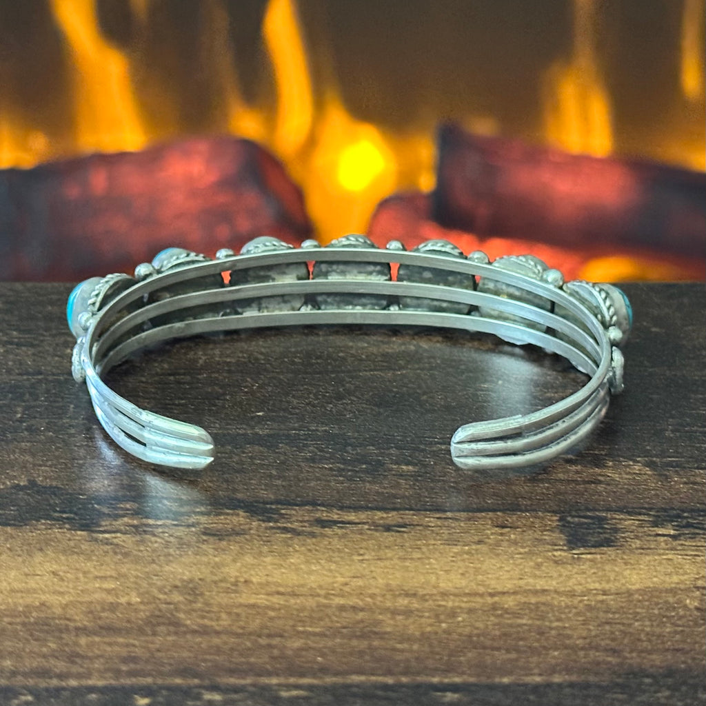 Running Bear Trading Turquoise 7 Stone Sterling Twist Wire Bezel Raindrop Cuff