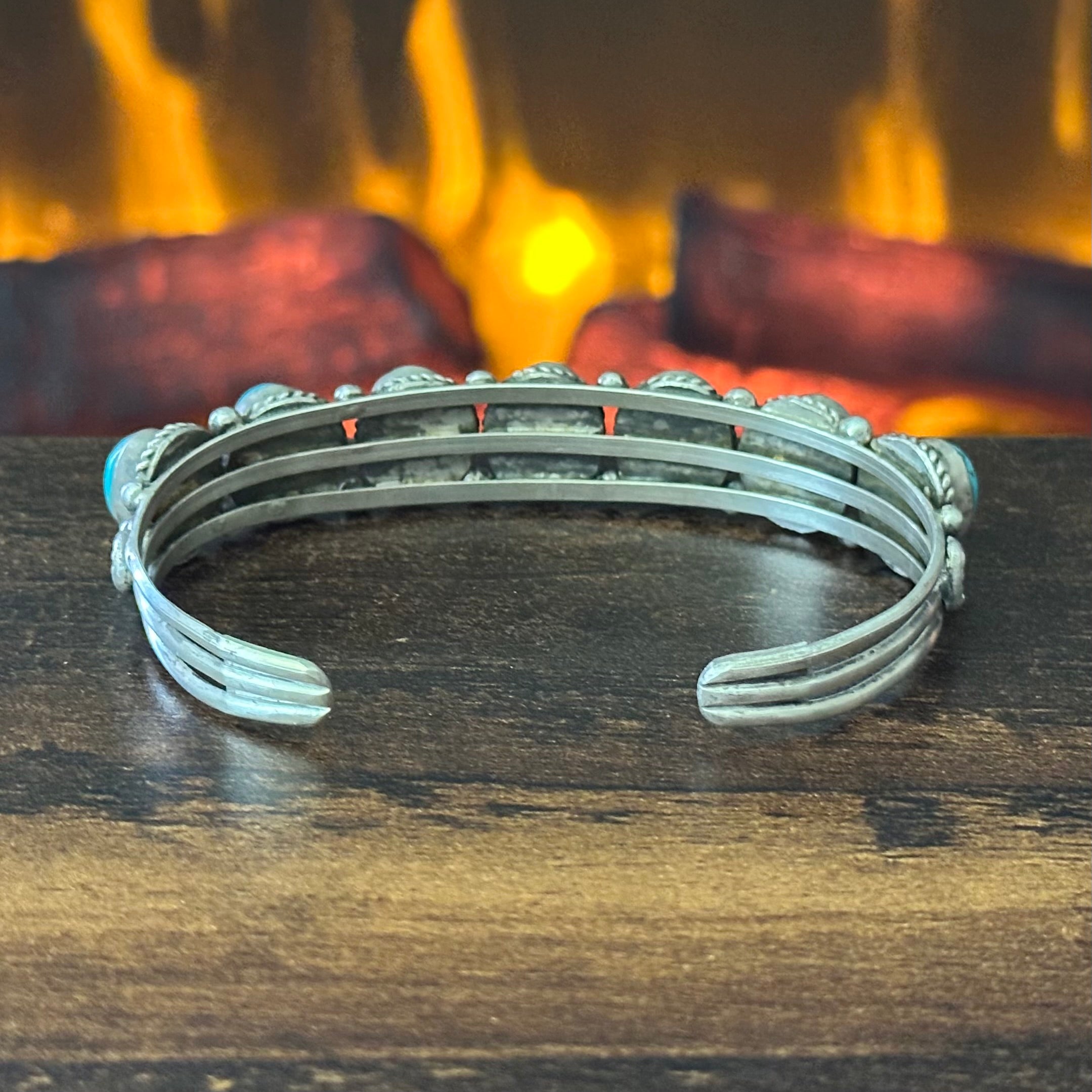 Running Bear Trading Turquoise 7 Stone Sterling Twist Wire Bezel Raindrop Cuff