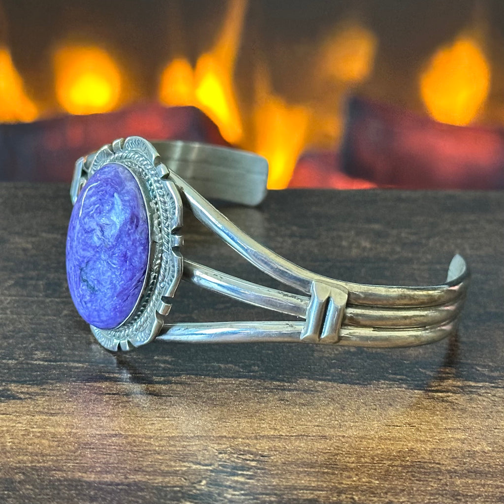 AL Signed Charoite Sterling Twist Hand Stamped Twist Wire Cuff