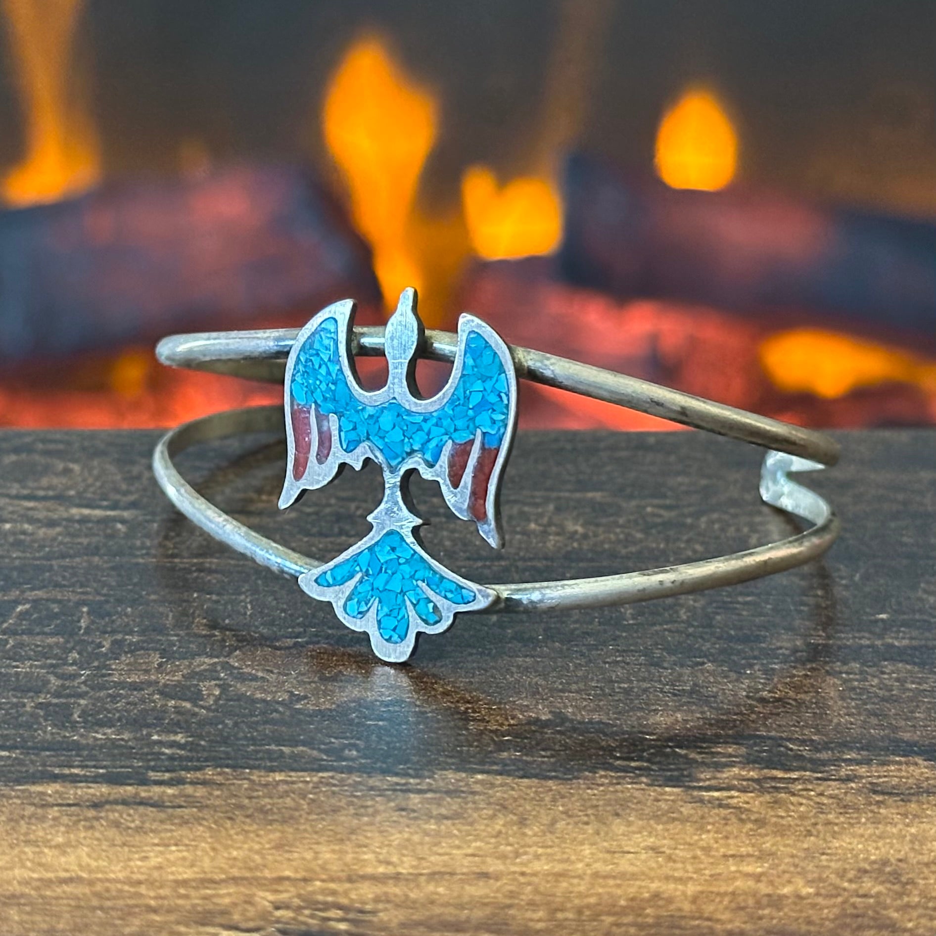 Vintage Turquoise Red Coral Sterling Peyote Bird Chip Inlay Cuff