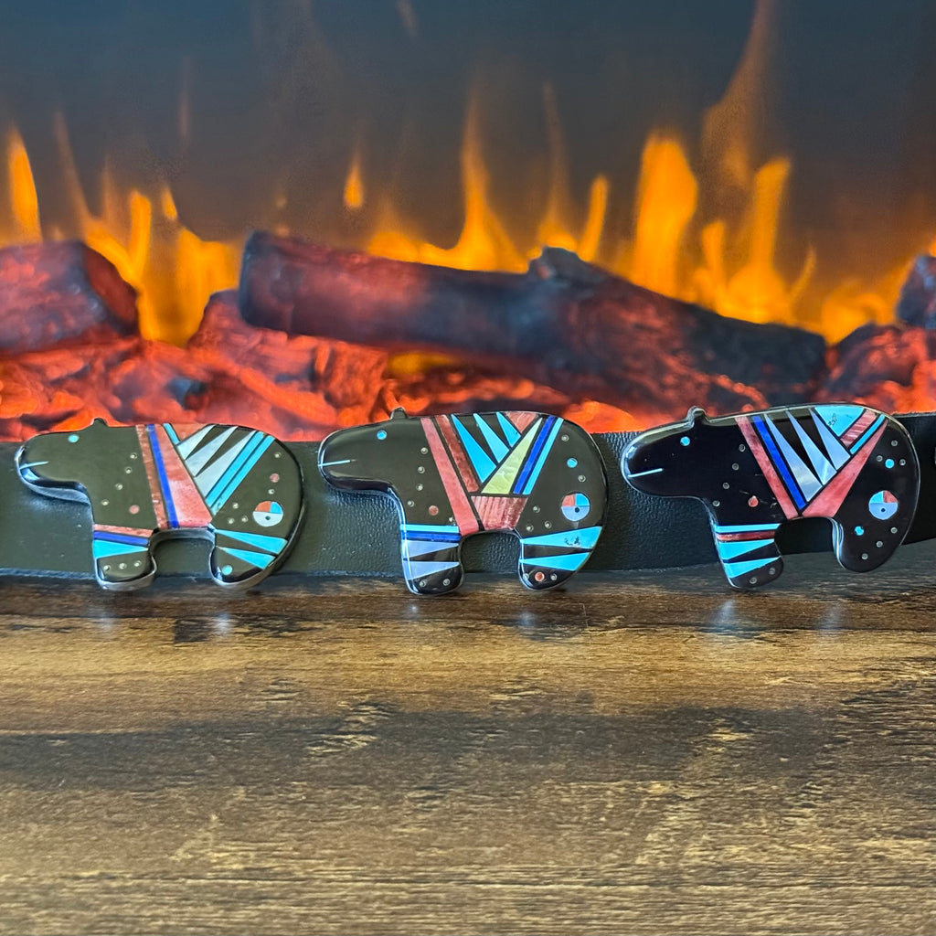 Navajo Gilbert Smith Turquoise Onyx Spiny Oyster Mother of Pearl Lapis Sterling 10 Bear Micro Inlay Belt