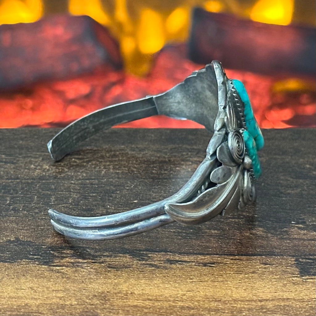 Navajo Ray Yazzie Turquoise 3 Stone Sterling Twist Wire Ornate Leaf Cuff