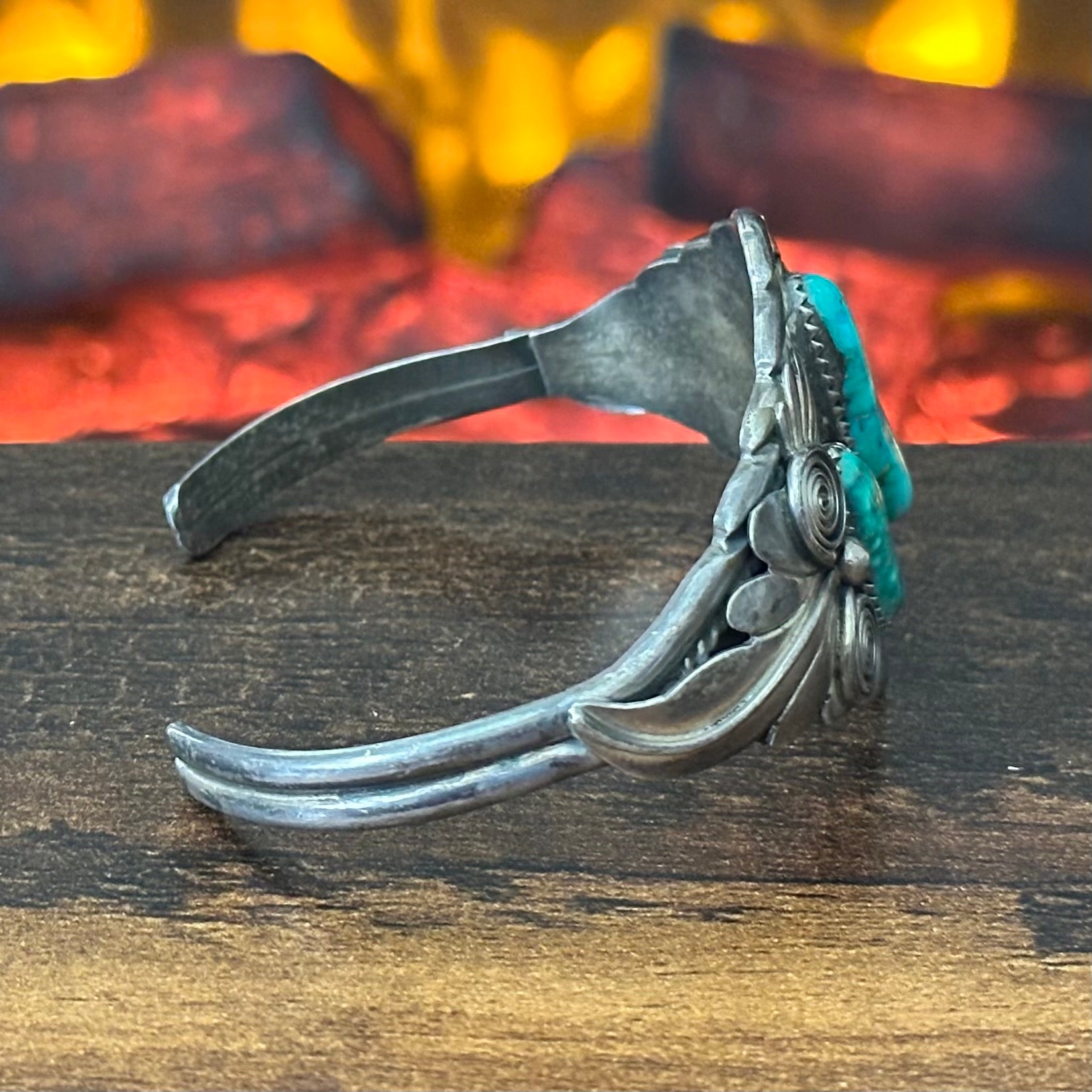 Navajo Ray Yazzie Turquoise 3 Stone Sterling Twist Wire Ornate Leaf Cuff