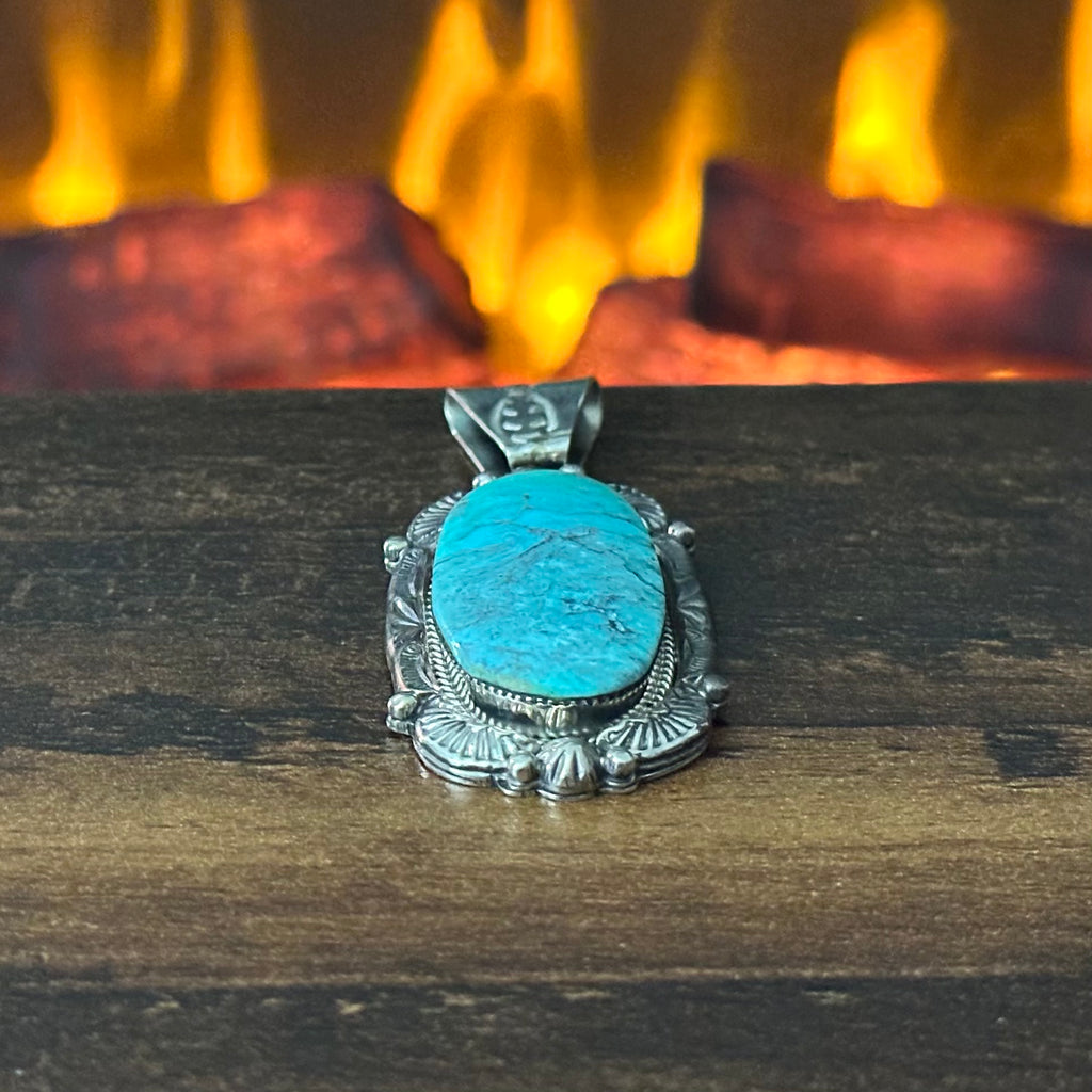 Running Bear Trading Turquoise Sterling Twist Wire Bezel Oval Pendant
