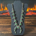 Vintage Green Turquoise 17 Stone Sterling Floral Twist Wire Bezel Squash Blossom Necklace