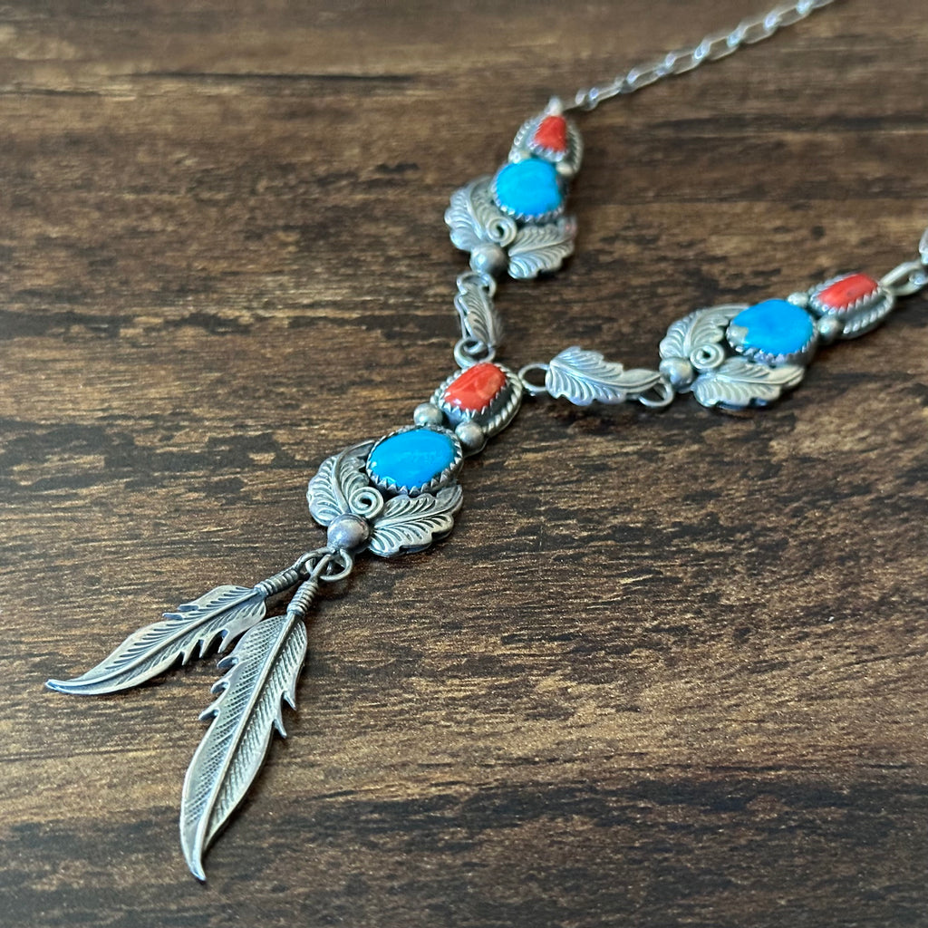 R. Wylie Signed Turquoise Red Coral 6 Stone Sterling Feather Necklace