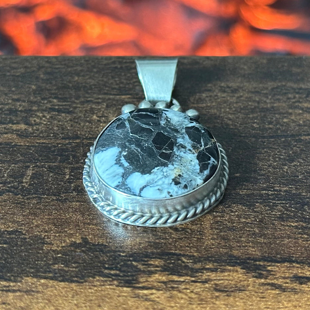 Navajo Vicky Hicks White Buffalo Sterling Twist Wire Circular Pendant