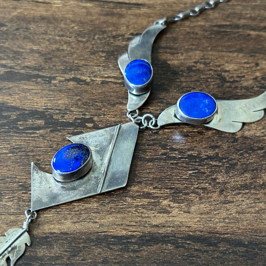 Navajo Leonard & Marian Nez Lapis 3 Stone Sterling Abstract Wing Feather Necklace