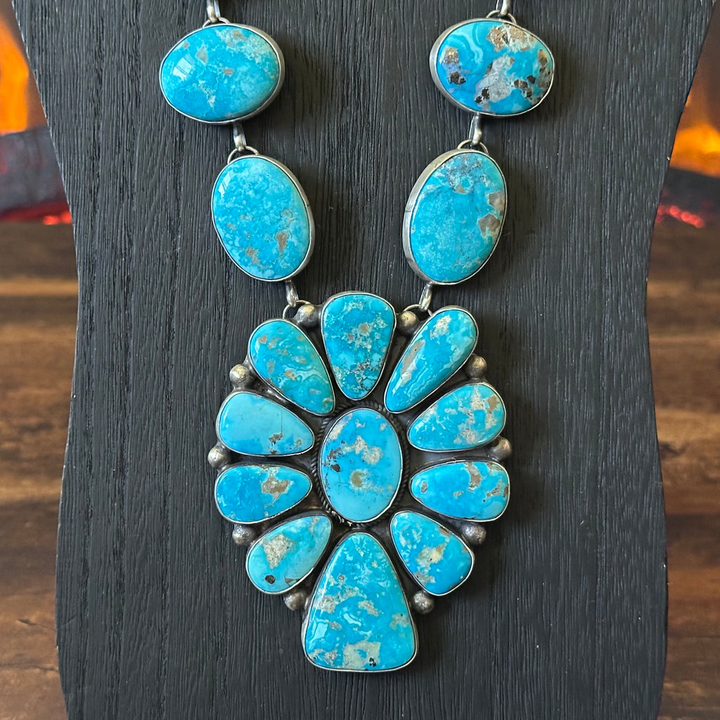 Navajo Hiram Largo Blue Ridge Turquoise 23 Stone Sterling Lariat Necklace Earrings Set