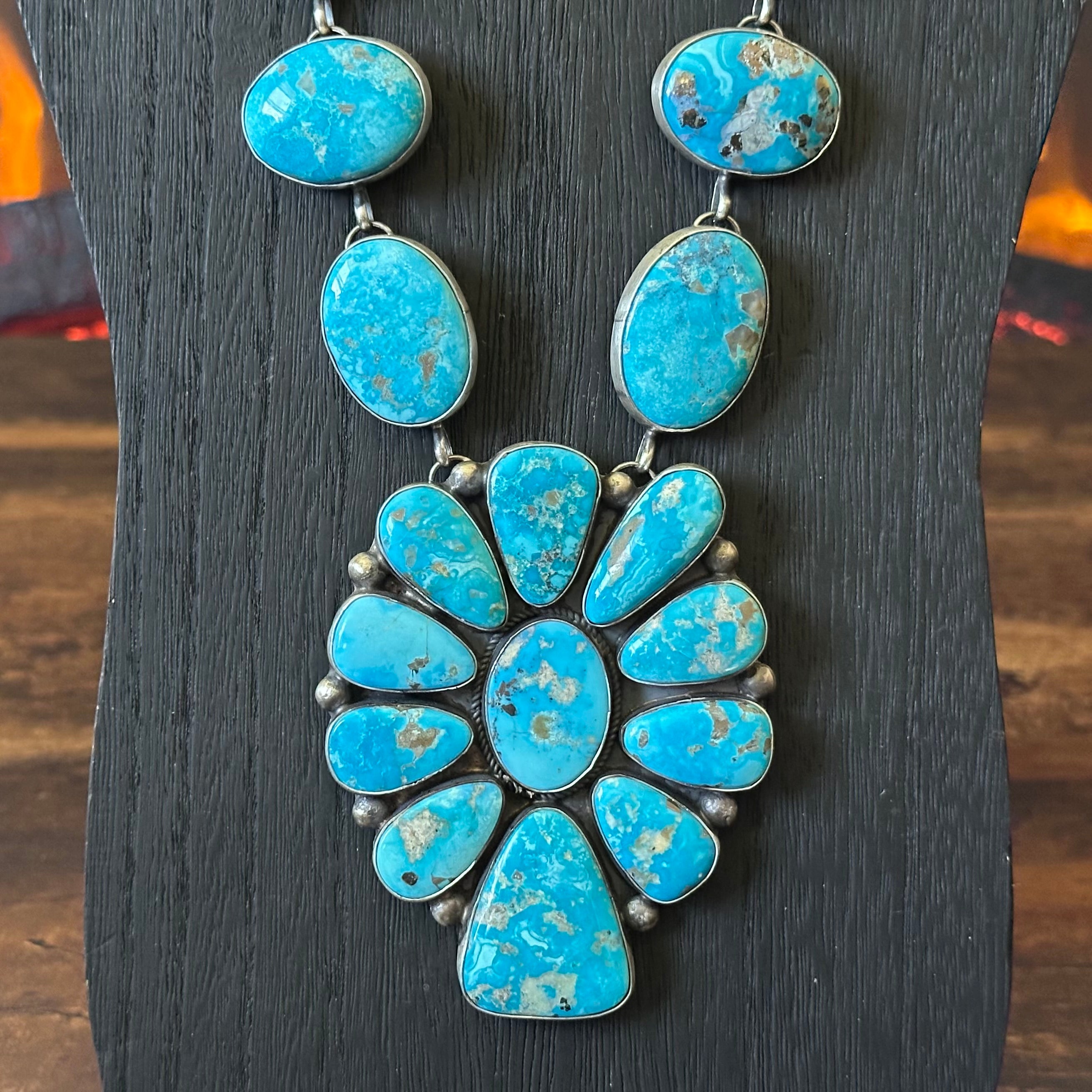 Navajo Hiram Largo Blue Ridge Turquoise 23 Stone Sterling Lariat Necklace Earrings Set