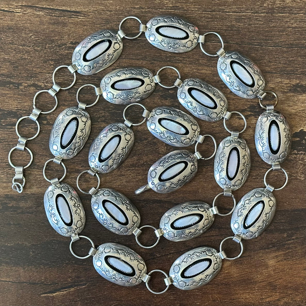 Navajo P Benally Pink Mother of Pearl Sterling Shadowbox 17 Concho Hand Stamped Belt